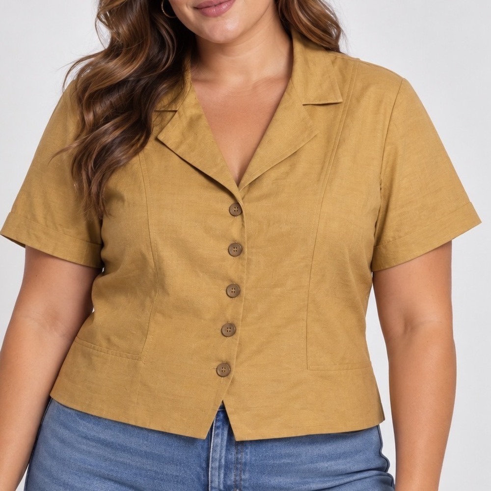 Vintage Linen Blend Blazer Women 16 Mustard Short Sleeve Button Front 90s Safari